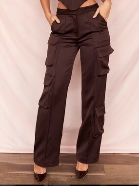 House of CB Brown Cargo Style Satin Pants